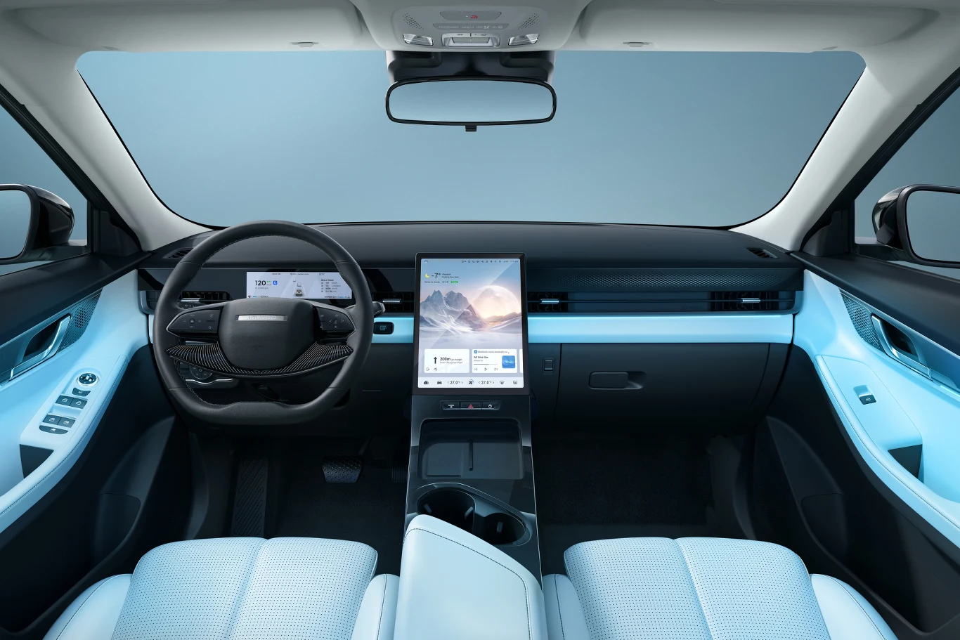 Nowoczesne wnętrze samochodu z jasnym podświetleniem LED, dużym pionowym ekranem dotykowym na konsoli środkowej, minimalistyczną deską rozdzielczą i cyfrowym wyświetlaczem za kierownicą.