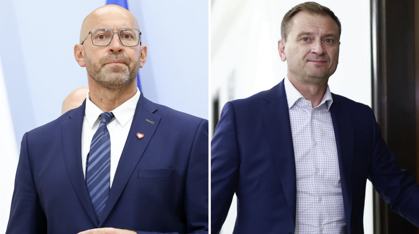 Dwóch mężczyzn w garniturach, każdy na osobnym tle; jeden łysy z brodą i okularami, drugi z krótkimi włosami i lekko uśmiechnięty, obaj ubrani formalnie, atmosfera oficjalna.