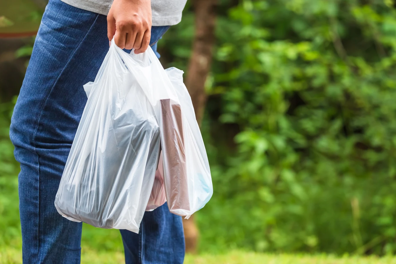Jak opłata za reklamówki wpływa na ich zużycie i jakie są dochody do budżetu z tego tytułu? Osoba trzymająca w ręce dwie plastikowe torby z zakupami, w tle widoczne zielone liście i trawnik.