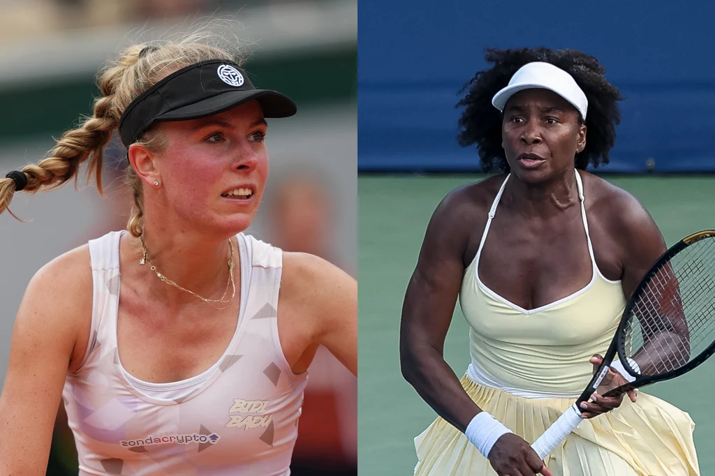 Magdalena Fręch i Venus Williams Dwie tenisistki w trakcie gry na korcie, po lewej kobieta w jasnej czapce z daszkiem, z włosami splecionymi w warkocz, po prawej kobieta w jasnej opasce i sukience, trzymająca rakietę tenisową na tle niebieskiego kortu.