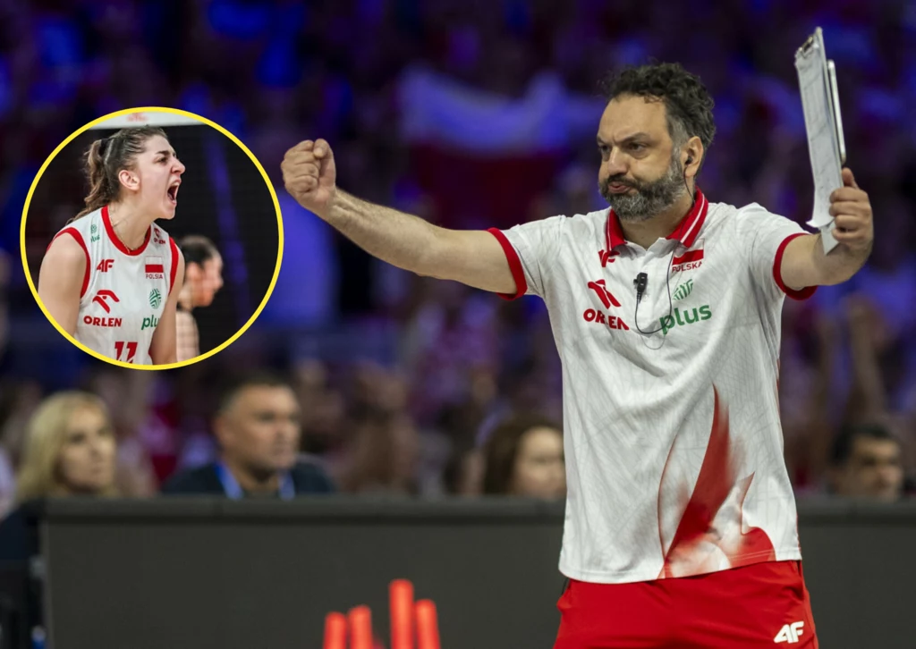 Stefano Lavarini nie zwątpił w swoje siatkarki. W kółku Martyna Łukasik Trener drużyny siatkarskiej wykonujący gest triumfu i motywacji podczas meczu, w tle rozmyte postacie kibiców, nałożone wstawione koło z zawodniczką drużyny wyrażającą emocje poprzez okrzyk.