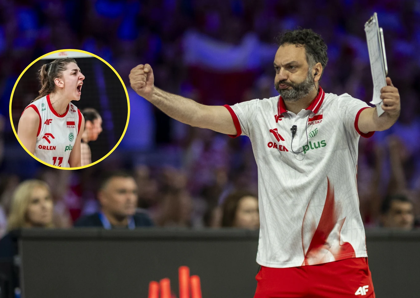 Trener drużyny siatkarskiej wykonujący gest triumfu i motywacji podczas meczu, w tle rozmyte postacie kibiców, nałożone wstawione koło z zawodniczką drużyny wyrażającą emocje poprzez okrzyk.