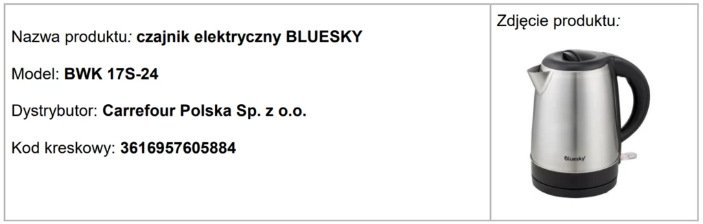 Carrefour wycofuje ze sprzedaży niebezpieczny czajnik elektryczny Czajnik elektryczny o nowoczesnym designie z metalowym korpusem, czarną rączką oraz pokrywką, ustawiony na białym tle.