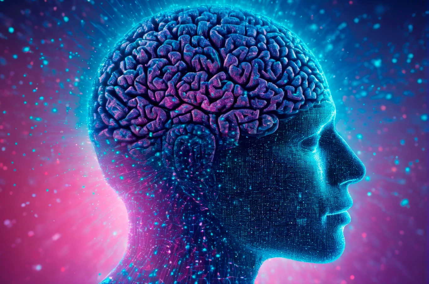 Naukowcy znaleźli nasz ukryty "neurobiotyczny zmysł". To on może sterować apetytem i odpowiadać za niektóre dolegliwości Profil ludzkiej głowy z wyraźnie zaznaczonym mózgiem, otoczony jasnym, neonowym światłem oraz futurystycznymi efektami cyfrowymi podkreślającymi tematykę umysłu i technologii.