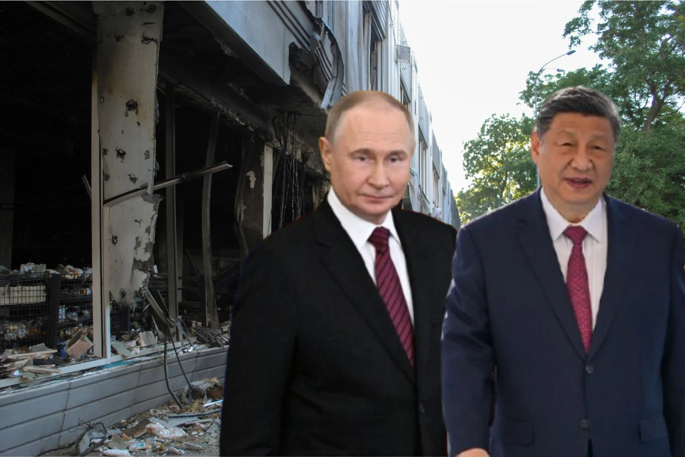 Chiny mają potajemnie wspierać rosyjską produkcję dronów Dwóch znanych polityków stoi przed zniszczonym budynkiem o spalonych i zdewastowanych elewacjach, za nimi widoczne są fragmenty gruzów oraz uszkodzone ściany, po prawej stronie drzewa i jasne niebo.