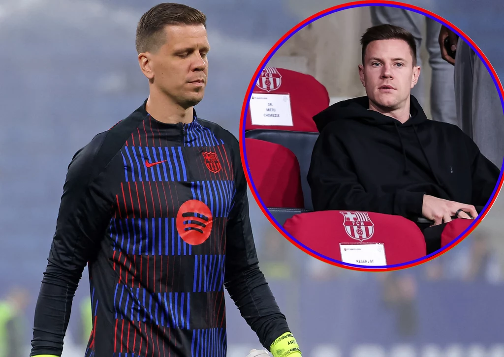 Wojciech Szczęsny i Marc-Andre ter Stegen Piłkarz w stroju bramkarskim stoi na murawie podczas meczu, natomiast w okrągłym wstawieniu widać mężczyznę siedzącego na trybunach, ubranego na czarno, z rezerwacją miejsca obok.