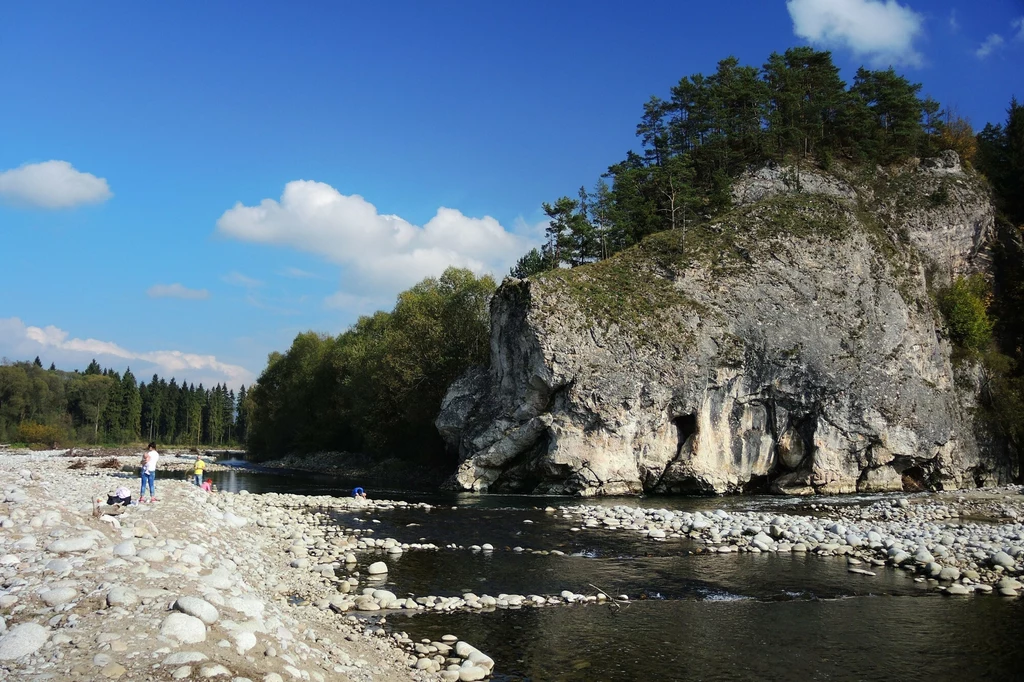 Rzeka płynąca przez skalisty krajobraz, po lewej stronie widoczne kilka osób spacerujących po kamienistej plaży, po prawej stronie wysokie wapienne skały porośnięte drzewami, w tle las i błękitne niebo z chmurami.