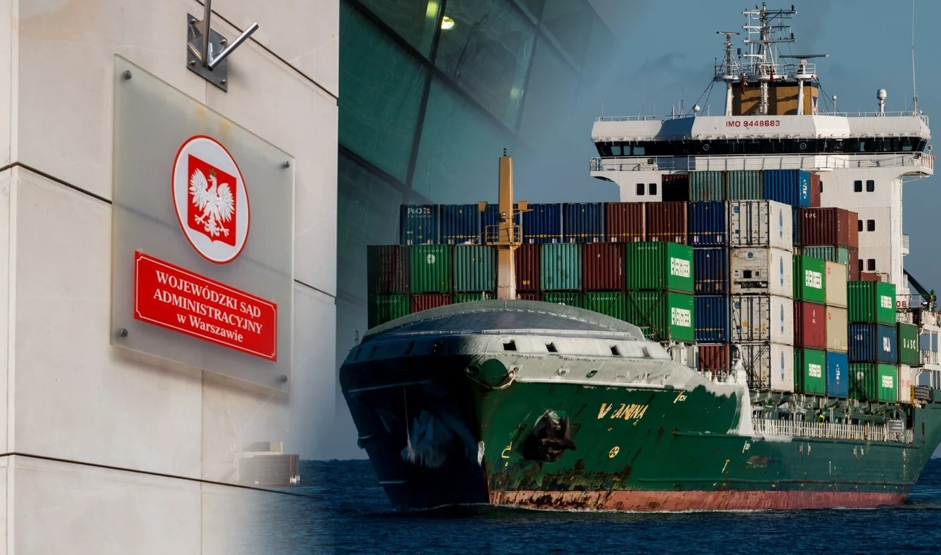 Rozbudowa portu w Świnoujściu ma pozwolić na przyjmowanie największych kontenerowców Tablica z napisem Wojewódzki Sąd Administracyjny w Warszawie na tle ściany budynku oraz statek towarowy załadowany wieloma kontenerami płynący po wodzie.