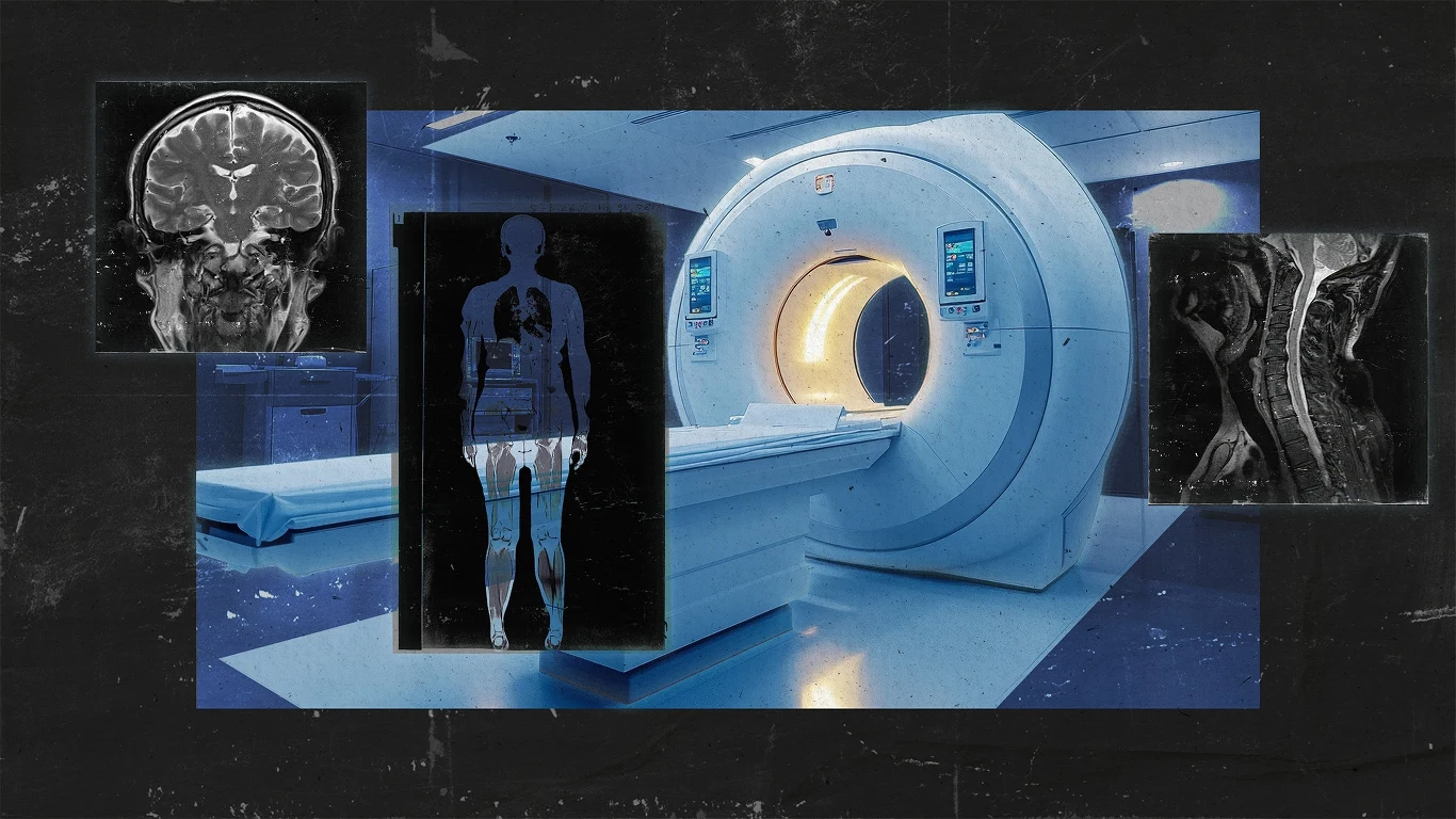 Rozmach badania jest bezprecedensowy w historii medycyny. Grafika: Aleksandra Włodarczyk Duży rezonans magnetyczny w sterylnym, nowoczesnym pomieszczeniu szpitalnym, otoczony wynikami obrazowania diagnostycznego, w tym skanami mózgu, kręgosłupa i sylwetki człowieka.