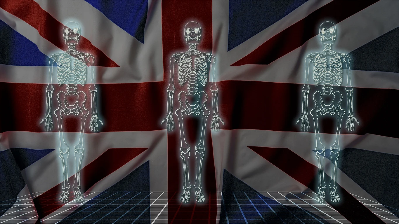 Brytyjczycy zostali prześwietleni na wszystkie strony. Grafika: Aleksandra Włodarczyk Trzy szkielety oświetlone w stylu rentgenowskim na tle flagi Wielkiej Brytanii, ustawione równolegle i przedstawione w pozycji stojącej na siatkowatej podłodze.
