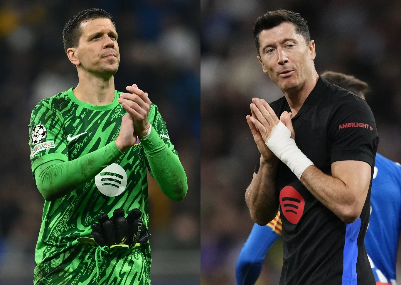 Polacy Wojciech Szczęsny i Robert Lewandowski w barwach FC Barcelona Dwóch mężczyzn na tle stadionu, po lewej zawodnik ubrany w zielony strój bramkarski, po prawej piłkarz w czarnej koszulce, obaj składają dłonie w geście podziękowania lub szacunku.