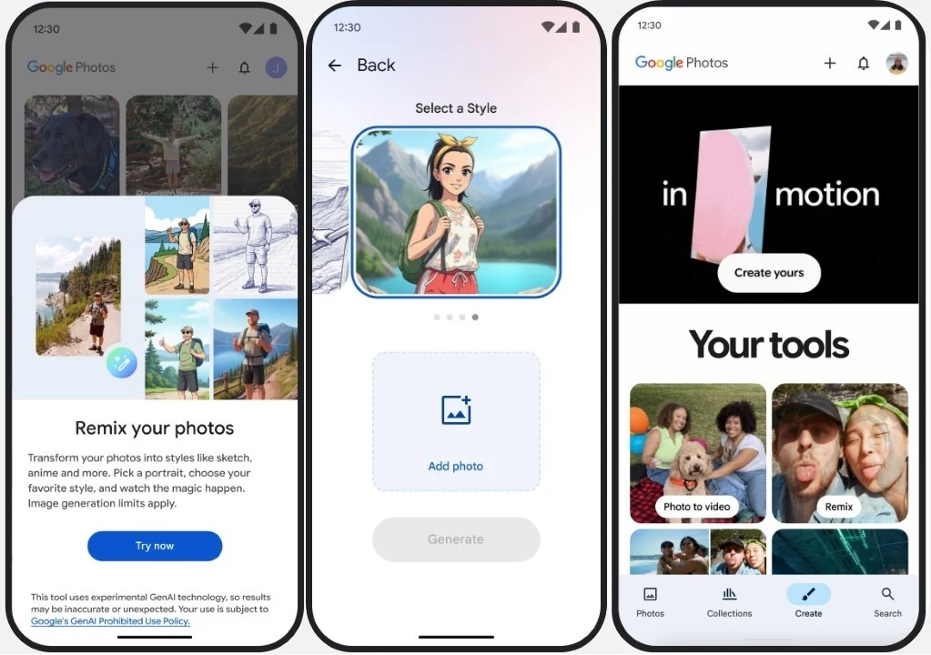 Interfejs aplikacji Google Photos na trzech smartfonach prezentujący funkcje edycji zdjęć, wybór stylów i możliwość tworzenia animacji oraz kolaży fotograficznych, widoczne miniatury osób i krajobrazów.