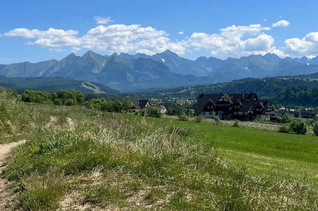 Górska panorama z zielonymi łąkami na pierwszym planie, domy w typowej dla regionu architekturze oraz w tle majestatyczne szczyty Tatr pod błękitnym niebem z chmurami.