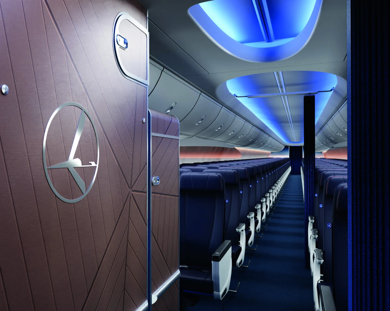 W nowych Boeingach 737 MAX 8, które wkrótce trafią do LOT-u zmieni się też kabina. Nowoczesne wnętrze klasy ekonomicznej dużego samolotu pasażerskiego z eleganckim oświetleniem LED, rzędami pustych foteli oraz stylowymi wykończeniami paneli na drzwiach