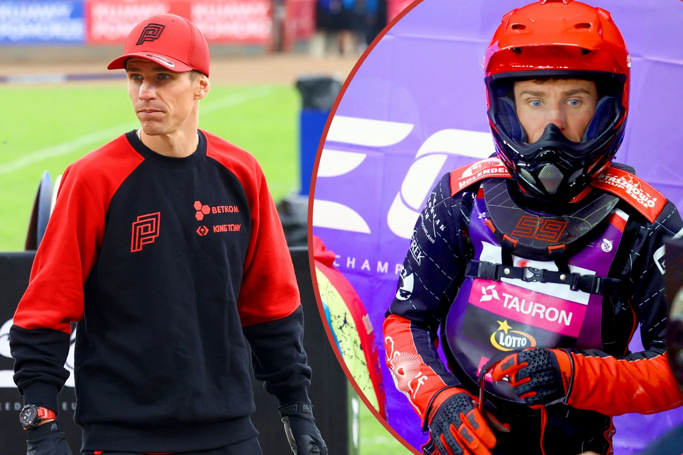 Przemysław Pawlicki o krok od pozostania w Falubazie Mężczyzna w czerwono-czarnym stroju sportowym i czapce z daszkiem na stadionie, po prawej stronie ta sama osoba w profesjonalnym kombinezonie motocyklowym i kasku, gotowa do jazdy.