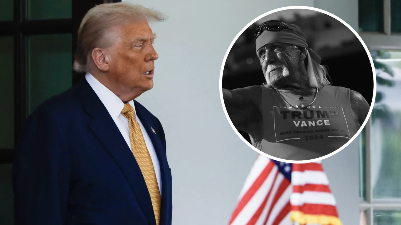Donald Trump żegna Kulka Hogana Mężczyzna w garniturze i żółtym krawacie stoi przy oknie, obok amerykańskiej flagi, w okrągłym wstawionym kadrze widać drugiego mężczyznę w koszulce z napisem 'Trump Vance 2022', opaską na czole oraz długimi włosami.