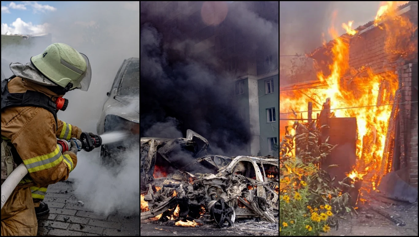 Rosjanie zaatakowali dronami obwód sumski Ukrainy (zdjęcie ilustracyjne) Strażak w pełnym umundurowaniu gasi płonący samochód, obok rozgrywa się scena całkowitego zniszczenia pojazdów przez ogień i gęsty czarny dym wydobywający się na tle budynków mieszkalnych, z prawej strony intensywny pożar pochłania budynek z cegły otoc...