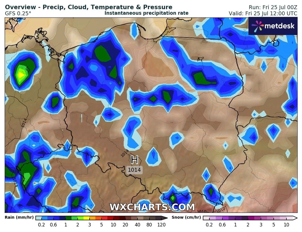 Burze mogą się pojawić niemal wszędzie, jednak najsilniejsze będą w Karpatach oraz na północnym zachodzie Mapa meteorologiczna Polski z zaznaczonym rozkładem opadów, temperatury, zachmurzenia i ciśnienia, centralna część kraju wyróżniona wyżem atmosferycznym, kolorowe obszary przedstawiają intensywność opadów.