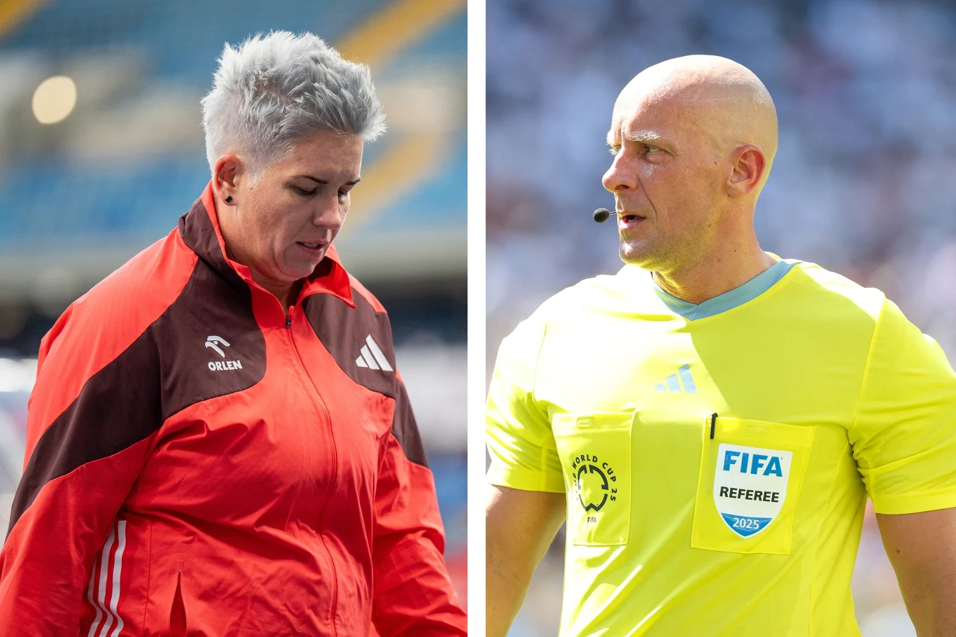 Anita Włodarczyk i Szymon Marciniak Dwie osoby w sportowych strojach, po lewej kobieta w czerwonej kurtce z napisem Orlen, po prawej mężczyzna w żółtej koszulce sędziowskiej z plakietką FIFA i mikrofonem przy twarzy, obie osoby na tle stadionu.