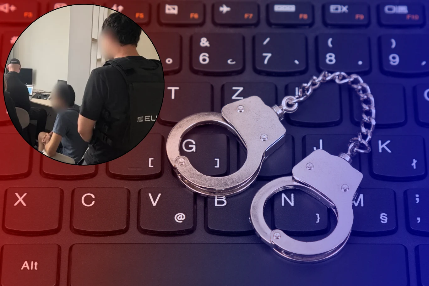Francuskie i ukraińskie służby we współpracy z Europolem dotarły do podejrzanego o administrowanie cyberprzestępczym forum XSS. Kajdanki leżące na klawiaturze komputera, w tle w okręgu scena przedstawiająca funkcjonariusza policji przesłuchującego osobę siedzącą na krześle.