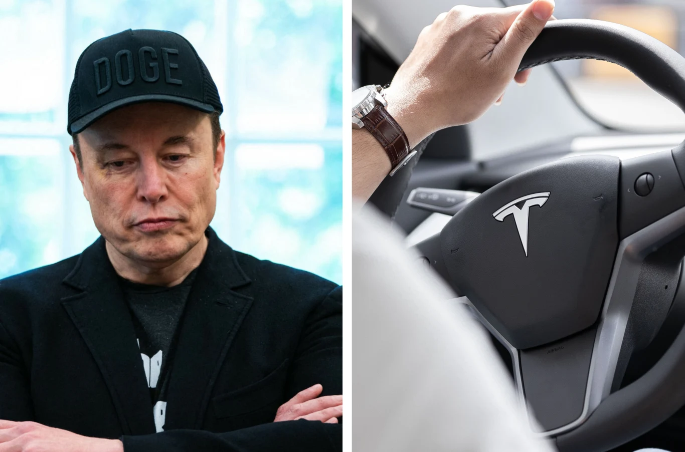 Tesla pracuje nad rozwiązaniem, które ma przyciągnąć klientów z mniej zasobnym portfelem. Po lewej stronie osoba w czarnej czapce z napisem DOGE oraz czarnej marynarce, o poważnym wyrazie twarzy. Po prawej ręka na kierownicy samochodu marki Tesla, wnętrze auta nowoczesne, widoczny charakterystyczny logotyp.