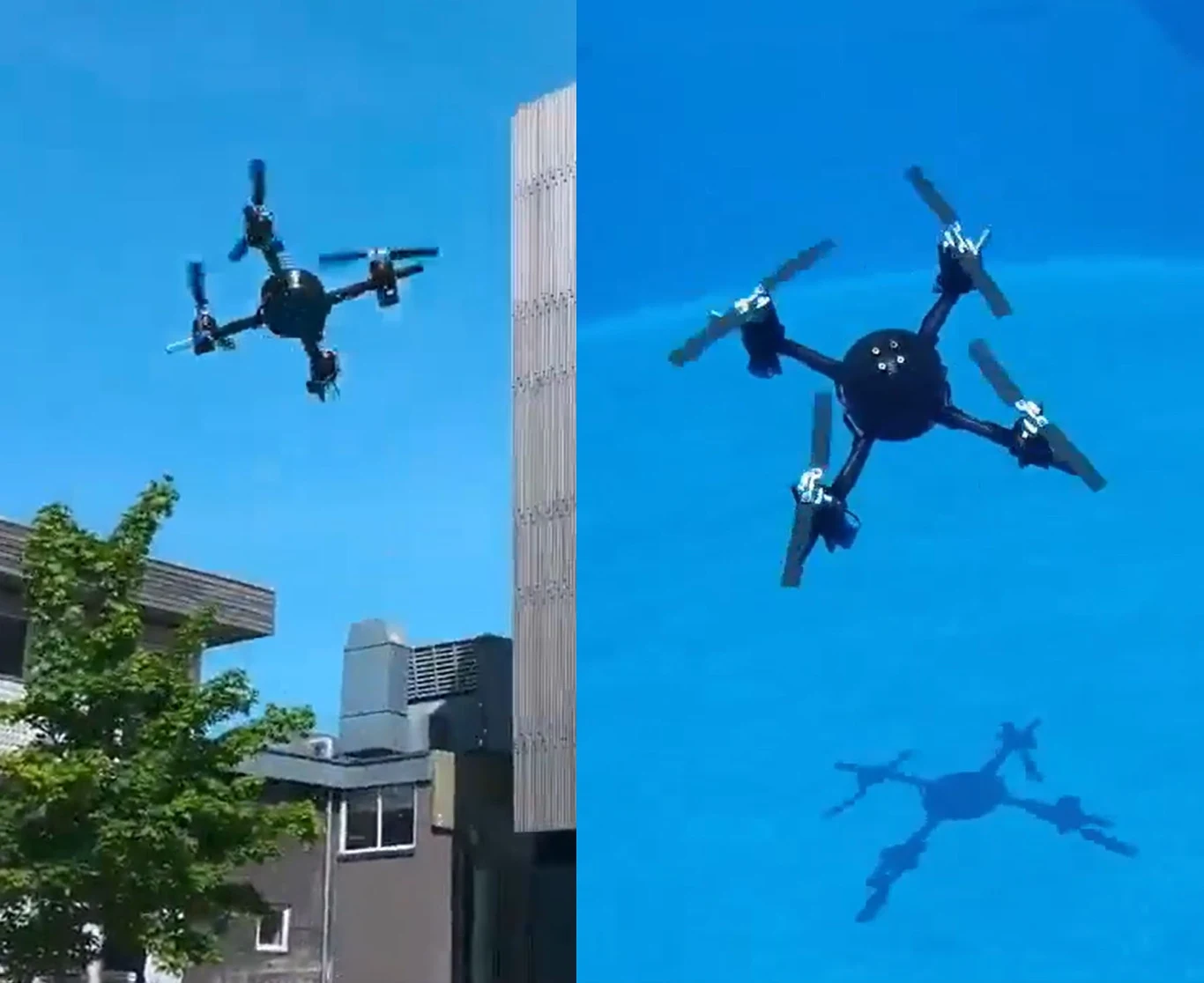 Lekka konstrukcja, niski koszt i zdolność operowania w różnych środowiskach mogą okazać się rewolucyjne w wielu branżach Dron z czterema śmigłami unosi się nad budynkami, a jego cień wyraźnie odbija się na niebieskim tle nieba.