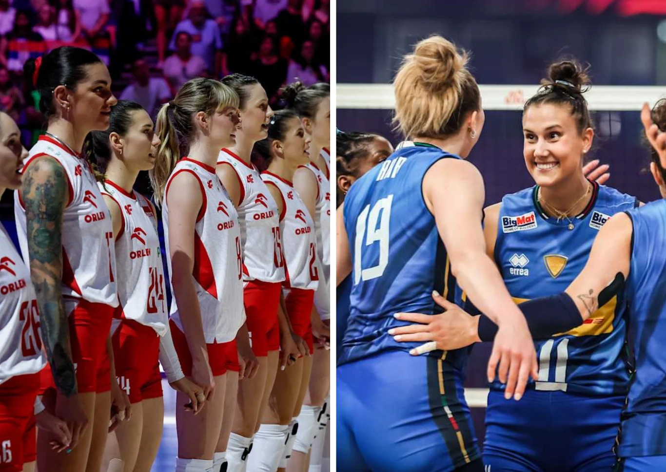 Siatkarki dwóch drużyn narodowych podczas zawodów; po lewej stronie polska reprezentacja kobiet w białych i czerwonych strojach stoi w szeregu, po prawej drużyna w niebieskich strojach włoskich siatkarek celebruje punkt, jedna z zawodniczek się uśmiecha.