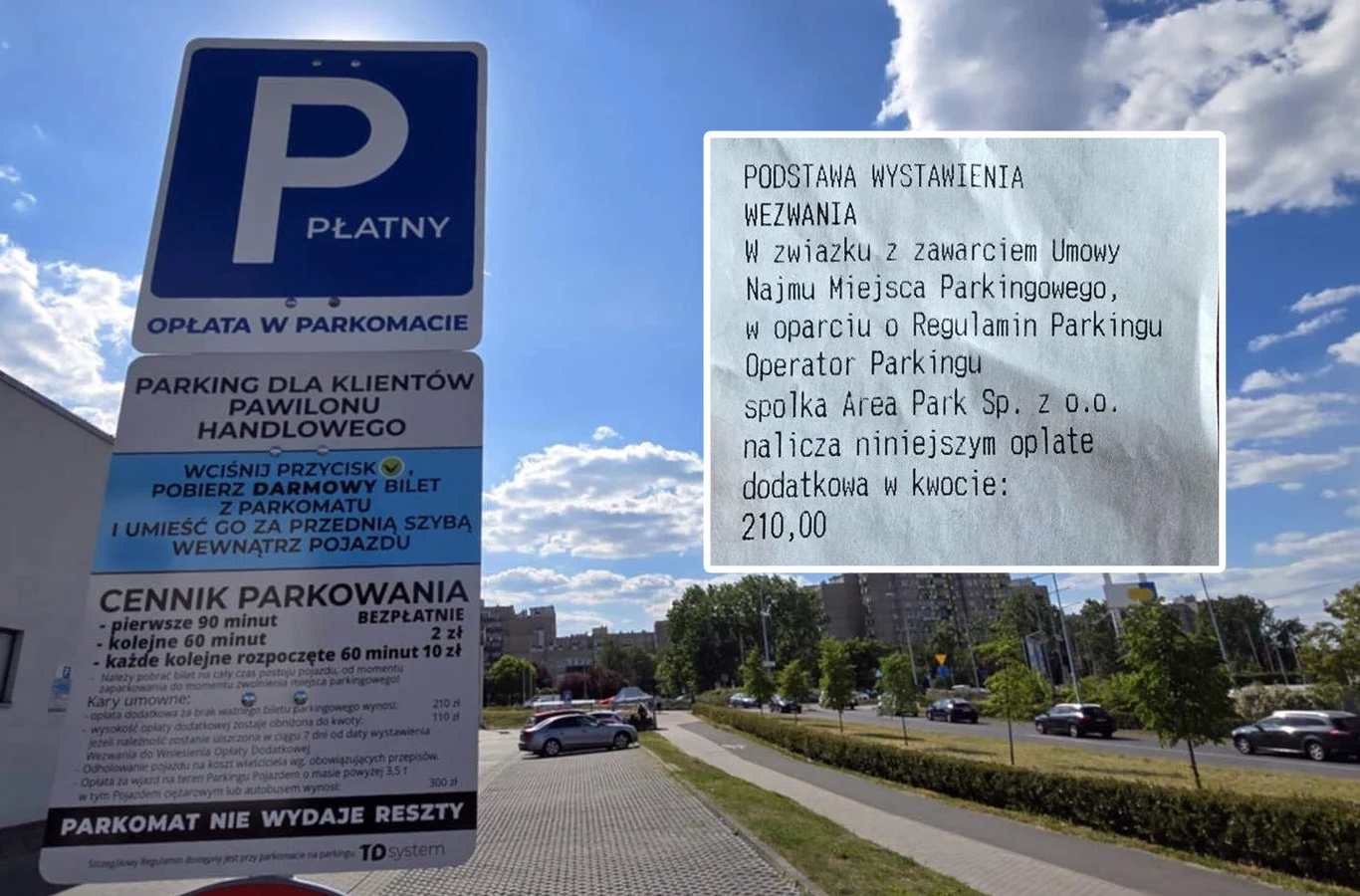Takich znaków w okolicy parkingu Biedronki nie brakuje. Wezwań za wycieraczkami - również Tablica informacyjna parkingu płatnego przy pawilonie handlowym z instrukcjami dotyczącymi opłat i regulaminu, na pierwszym planie czytelne zasady dotyczące pobierania biletu, w tle parking z zaparkowanymi samochodami oraz fragment mandatu o opłacie do...