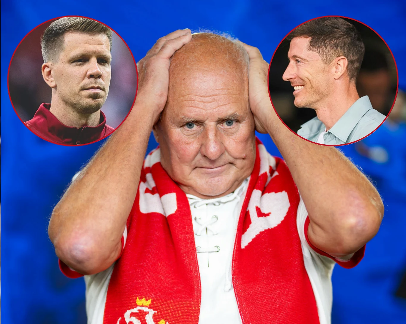 Jan Tomaszewski, Robert Lewandowski, Wojciech Szczęsny Starszy mężczyzna trzymający się oburącz za głowę, ubrany w biało-czerwony szalik kibica, na niebieskim tle. W dwóch okrągłych wstawkach widoczne są twarze dwóch znanych piłkarzy, jeden patrzy poważnie, drugi uśmiecha się.