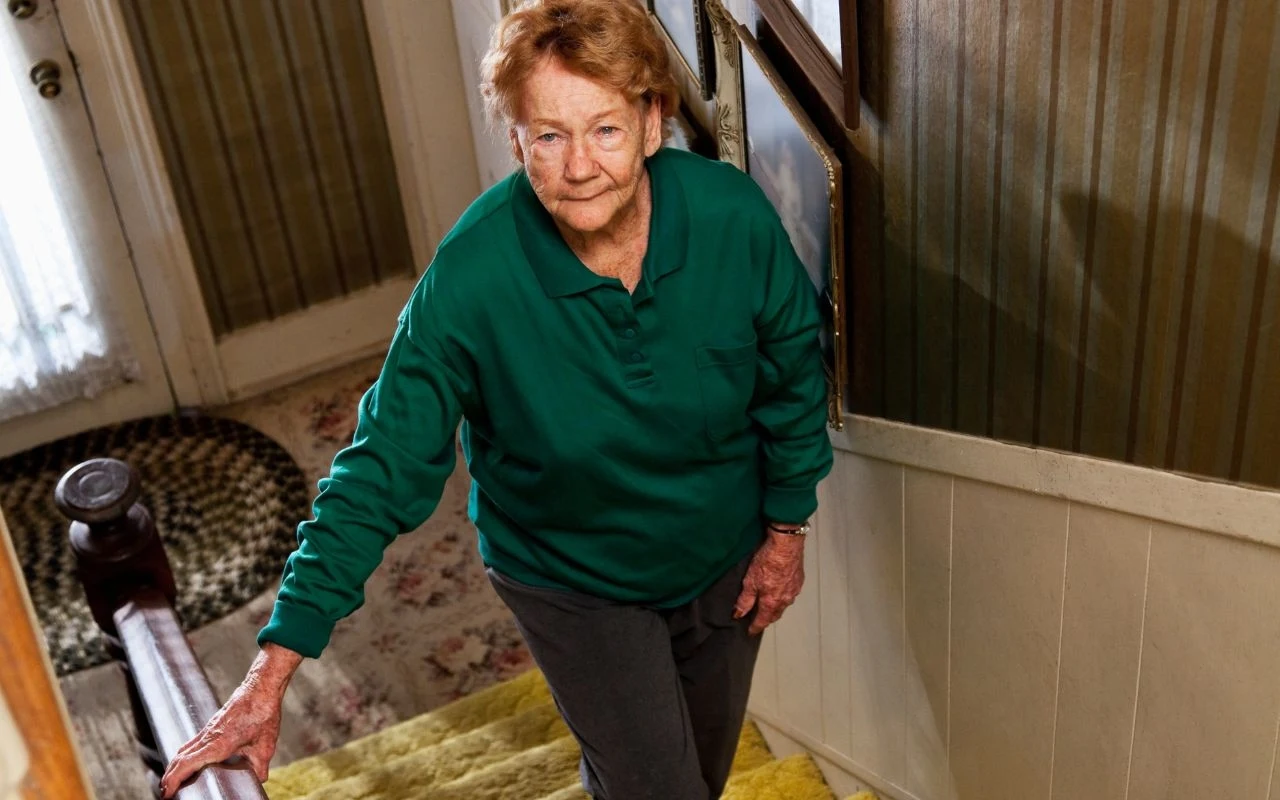 Emerytura po 40 latach pracy za najniższą? Starsza kobieta w zielonej bluzie wchodzi po żółtym dywanie na schodach w domu o klasycznym, drewnianym wnętrzu, opierając się lekko o poręcz.