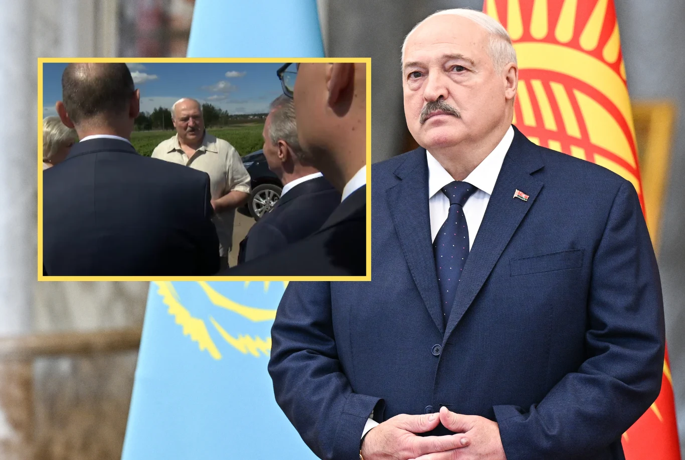 Gospodarska wizyta Alaksandra Łukaszenki. Dyktator ostrzega przed wojną Mężczyzna w garniturze stoi na tle flag państwowych, w prawym dolnym rogu znajduje się wycinek z innym ujęciem, w którym rozmawia z grupą osób.