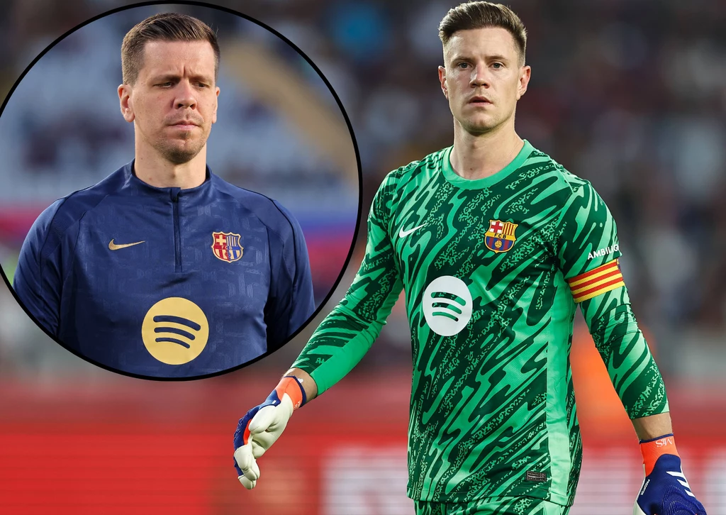 Wojciech Szczęsny i Marc-Andre ter Stegen Dwóch piłkarzy na boisku w strojach drużyny FC Barcelona, jeden w zielonym stroju bramkarskim z opaską kapitana i logo Spotify na piersi, drugi w okrągłym kadrze w granatowej bluzie z tym samym logotypem.