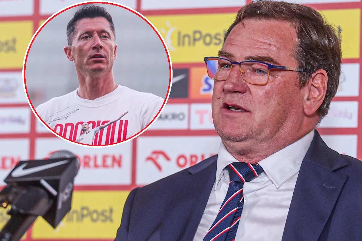 Jan Urban, Robert Lewandowski Dwie osoby, jedna w okularach i garniturze mówi podczas konferencji prasowej, za nim tablica z logotypami sponsorów sportowych, w lewym górnym rogu znajduje się okrągłe wstawienie ze zdjęciem mężczyzny w białej koszulce sportowej.