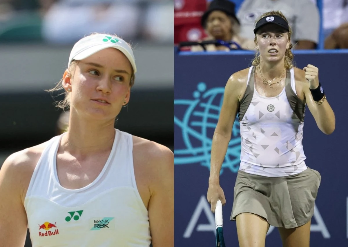 Jelena Rybakina i Magdalena Fręch grały ze sobą dwukrotnie Dwie kobiety ubrane w sportowe stroje tenisowe znajdują się na korcie, jedna z nich ściska rakietę i wygląda na skoncentrowaną, druga patrzy w bok, obie prezentują sportową postawę.