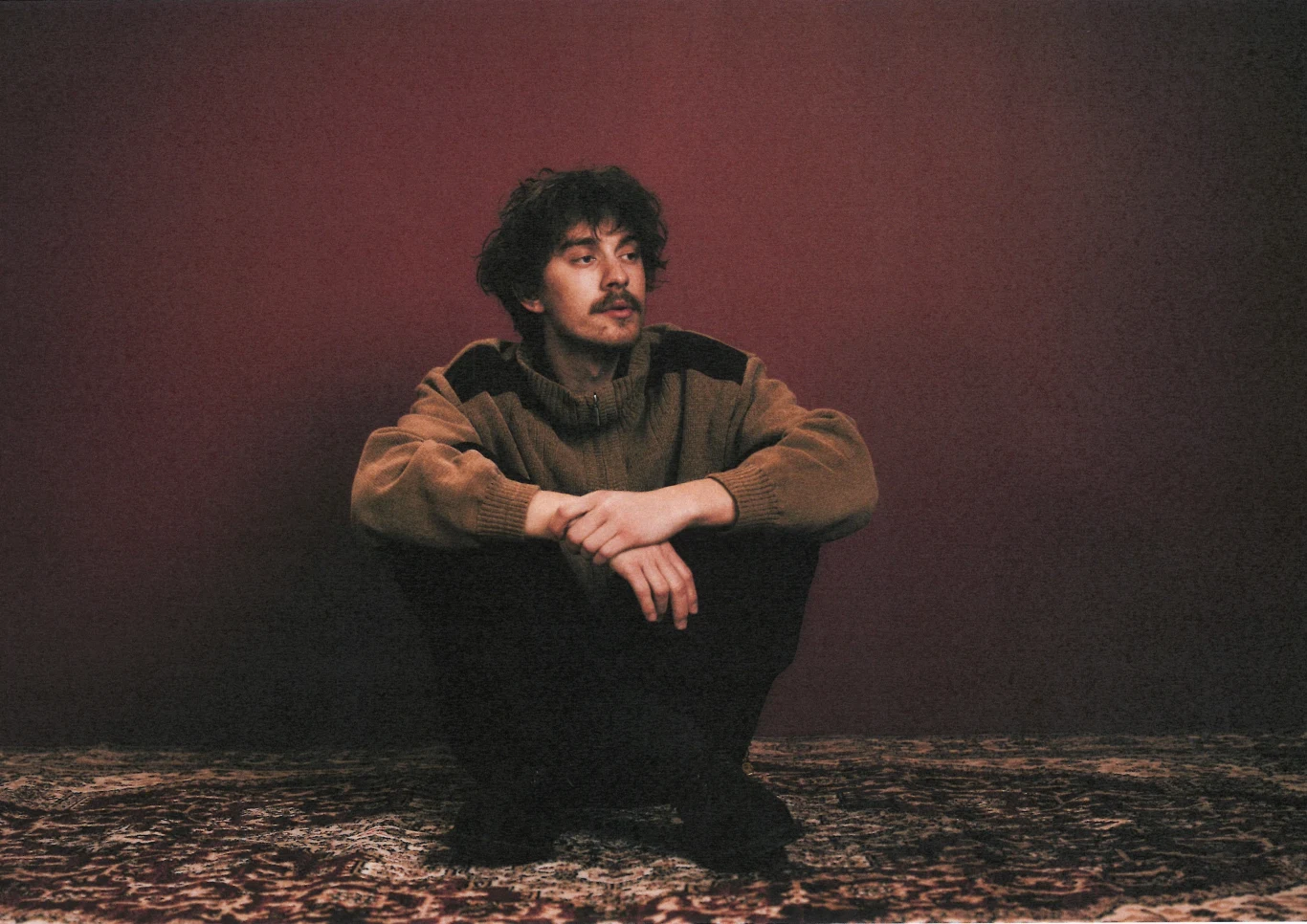 Hubert. wystąpił we Wrocławiu w ramach festiwalu Nowe Horyzonty Młody mężczyzna z ciemnymi włosami i wąsem siedzi na dywanie, ubrany w brązowy sweter, na tle bordowej ściany, patrząc na bok ze spokojnym wyrazem twarzy.