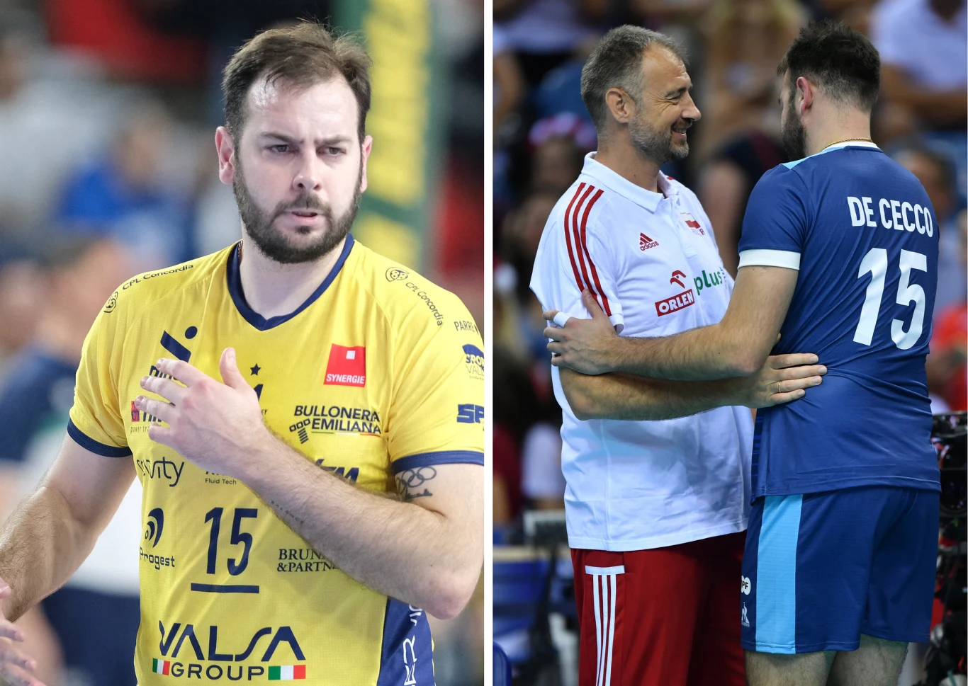Luciano De Cecco we włoskiej Modenie (L) i reprezentacji Argentyny (po prawej w rozmowie z Nikolą Grbiciem) Siatkarz w żółtej koszulce z numerem 15 w trakcie meczu oraz scena po drugiej stronie, gdzie trener przytula zawodnika w niebieskim stroju, obaj zwracając się do siebie z sympatią i wsparciem.