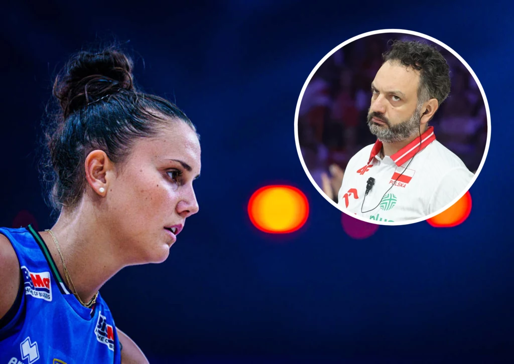 Anna Danesi świetnie zna Stefano Lavariniego ze wspólnej pracy w klubie Siatkarka w stroju sportowym z profilem twarzy zwróconym w lewo na tle niebieskiego światła, powiększone, wyodrębnione okręgiem zdjęcie trenera w białej koszulce z czerwonym detalem, patrzącego poważnie przed siebie.