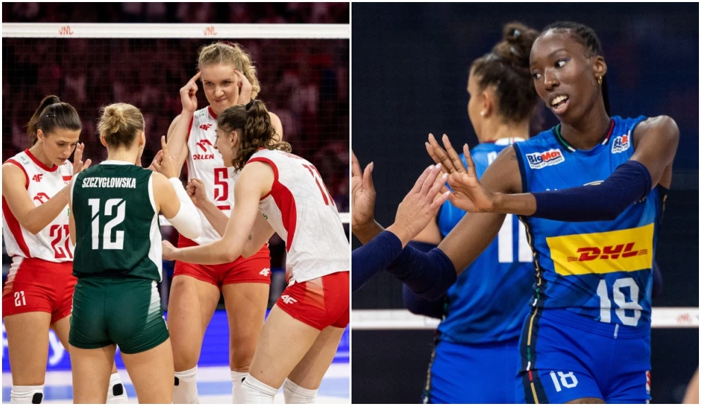 Paola Egonu była jedną z bohaterek meczu z Polską w półfinale Ligi Narodów siatkarek Dwie drużyny siatkarskie podczas meczu, po lewej stronie zawodniczki w biało-czerwonych strojach reprezentujące Polskę, po prawej drużyna w niebiesko-żółtych strojach, zawodniczki wykonują gesty motywacyjne i sportowe przybijanie piątek.