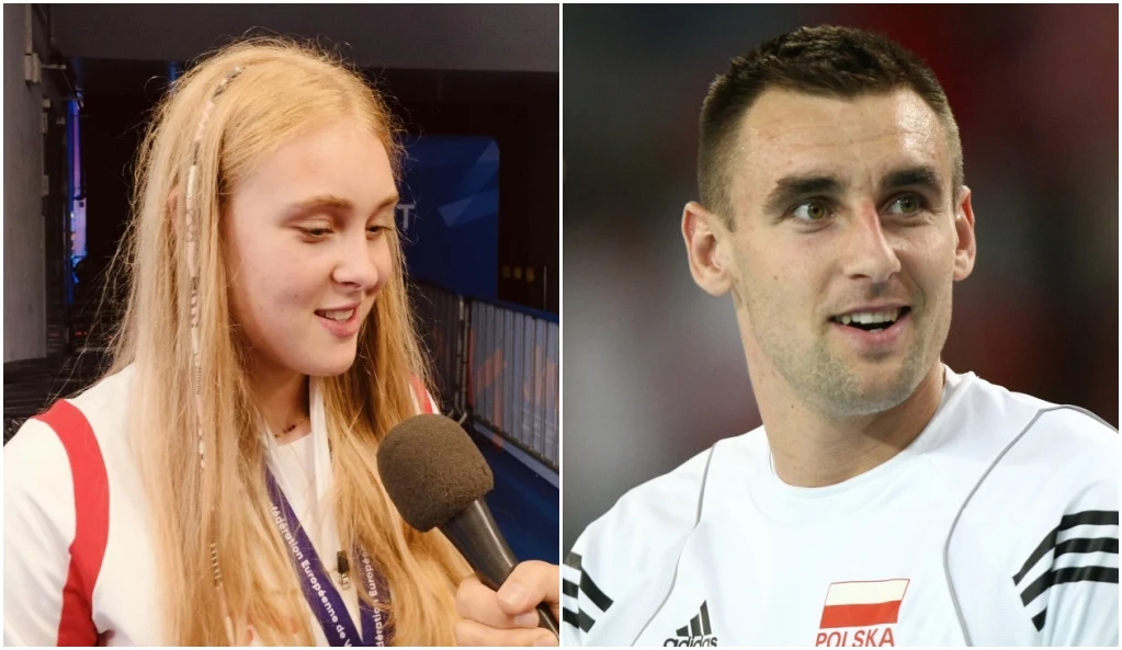 Aleksandra Wika i jej ojciec Marcin Wika Po lewej stronie młoda kobieta z długimi blond włosami udziela wywiadu, trzyma mikrofon i ma na sobie biało-czerwony strój sportowy, po prawej mężczyzna w białej koszulce z napisem 'Polska', uśmiecha się patrząc w bok.