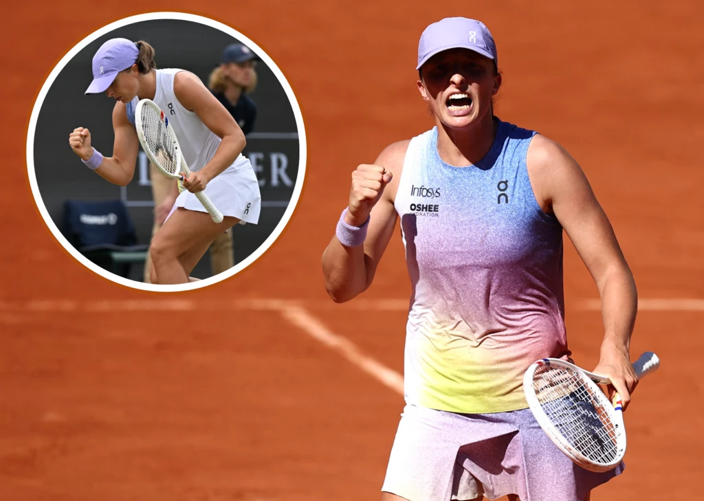 Iga Świątek czeka na występ na turnieju WTA 1000 w Montrealu Tenisistka w sportowym stroju na kortcie ziemnym zaciśniętą pięścią wyraża radość po zdobyciu punktu, w lewym górnym rogu widoczne powiększenie z podobną reakcją emocjonalną podczas innego meczu.