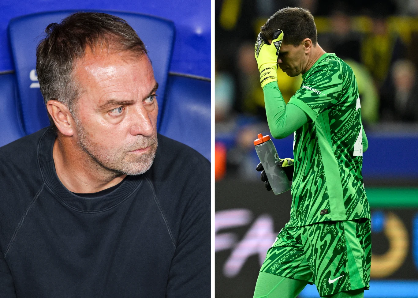 Po lewej stronie mężczyzna o poważnym wyrazie twarzy siedzi na niebieskim krześle, po prawej bramkarz w zielonym stroju sportowym trzyma rękę przy czole, sprawiając wrażenie zamyślonego lub rozczarowanego.