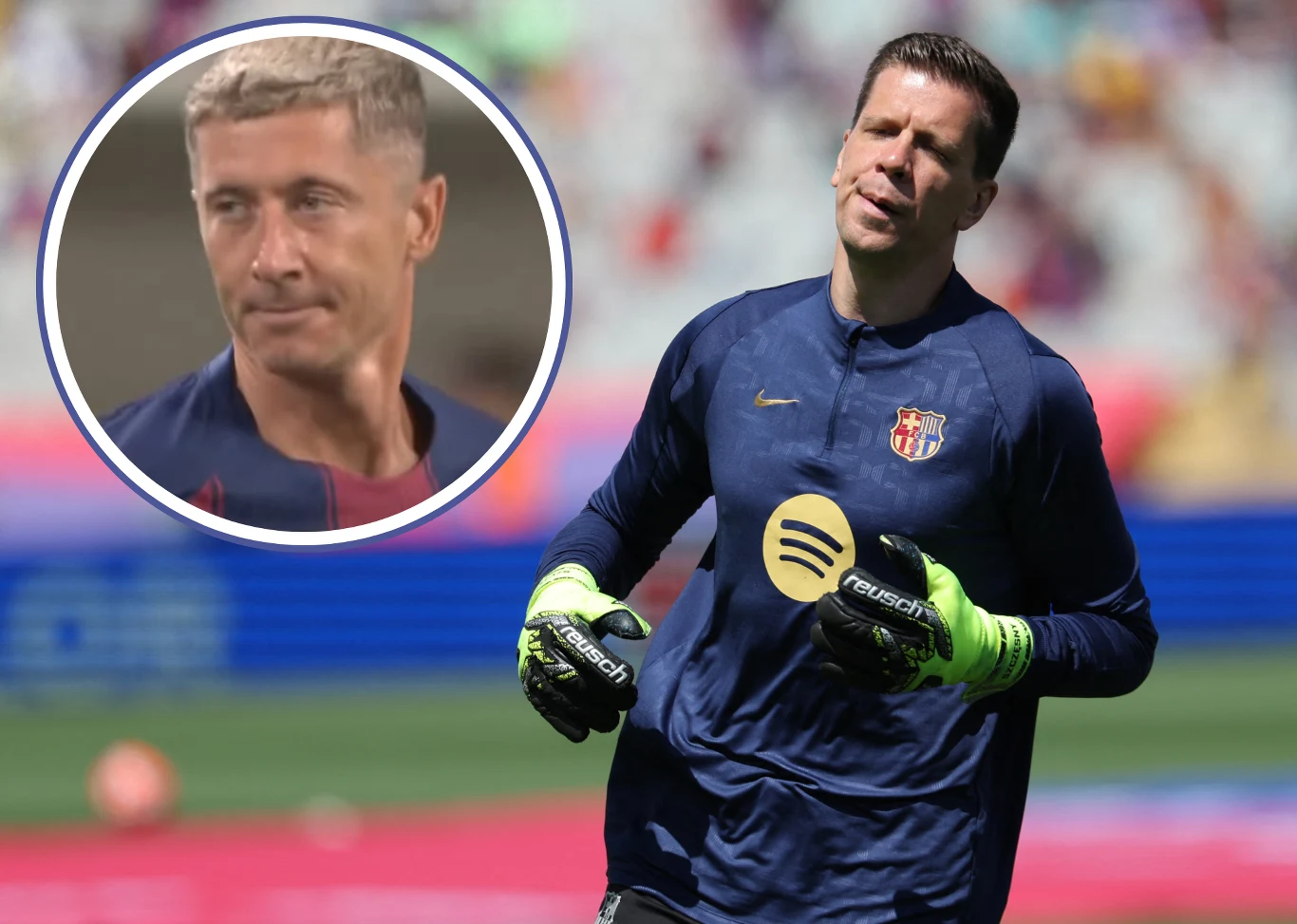 Dwóch znanych piłkarzy, jeden w stroju bramkarza FC Barcelona podczas treningu lub rozgrzewki. Na pierwszym planie postać w niebieskiej koszulce z logo klubu i rękawicach bramkarskich, w okrągłym powiększeniu widoczny drugi sportowiec, tło to rozmazany...