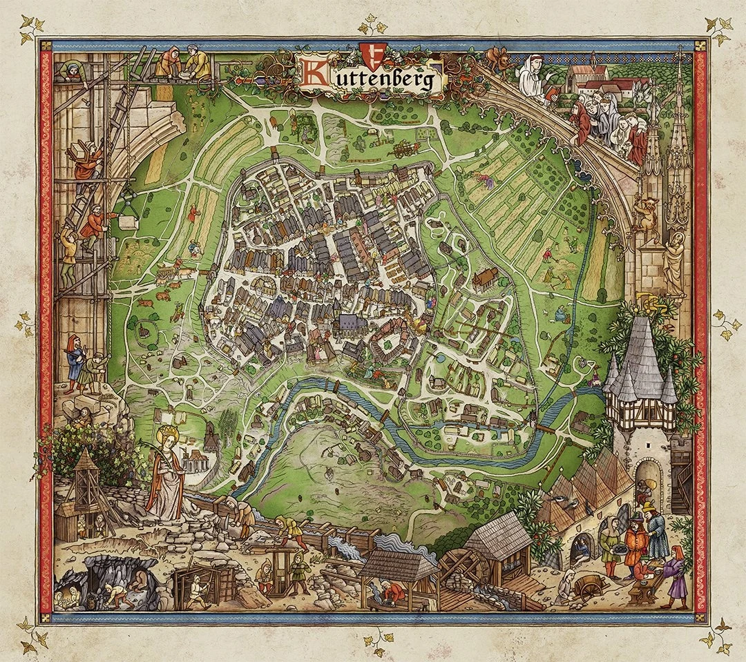 Kolorowa, stylizowana mapa średniowiecznego miasta Kuttenberg otoczona ilustrowanymi scenkami z życia codziennego mieszkańców, w tym pracy górników, rzemieślników oraz kapłanów, bogate detale architektoniczne, pola uprawne, zabudowa i fortyfikacje miej...