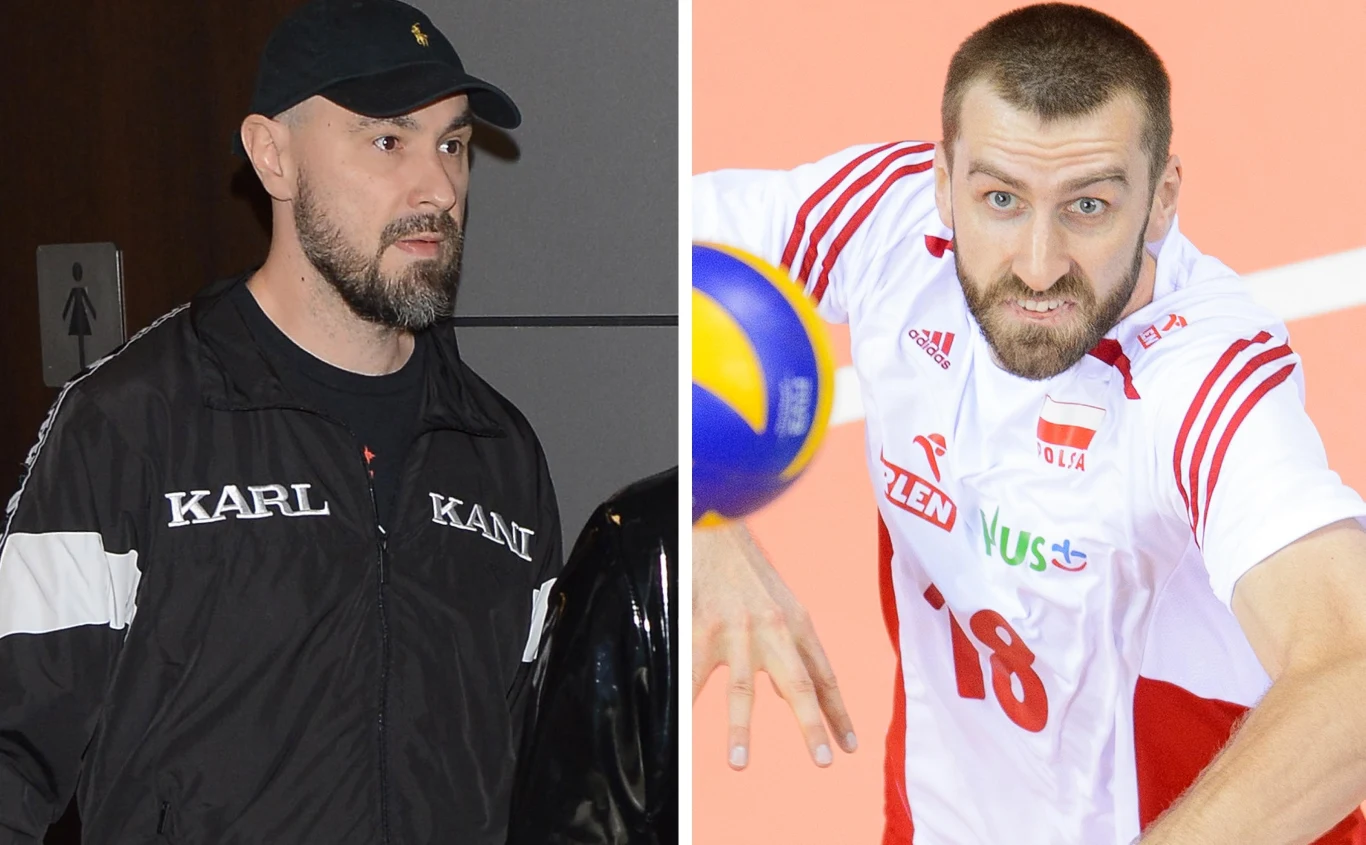 Jakub Żulczyk, Marcin Możdżonek Po lewej stronie mężczyzna z brodą w czarnej czapce i sportowej kurtce z napisem, stoi w pomieszczeniu. Po prawej stronie ten sam mężczyzna w stroju reprezentacji Polski do siatkówki, skoncentrowany podczas gry i gotowy do odbioru piłki.