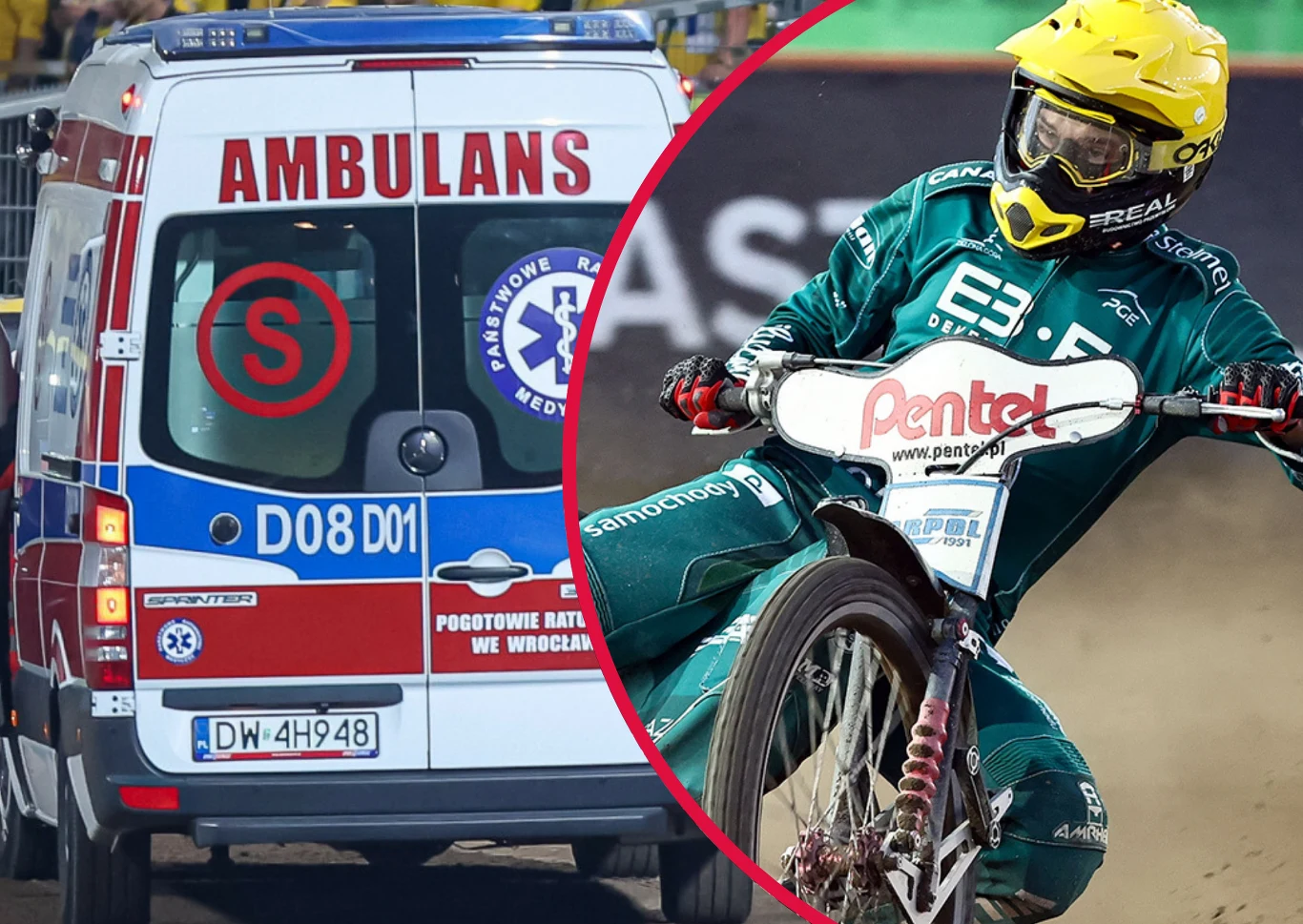 Dramatyczne sceny w Zielonej Górze. Damian Ratajczak odwieziony karetką do szpitala. Motocyklista biorący udział w wyścigu żużlowym, obok ambulans ratunkowy z widocznym napisem oraz symbolami ratownictwa medycznego.