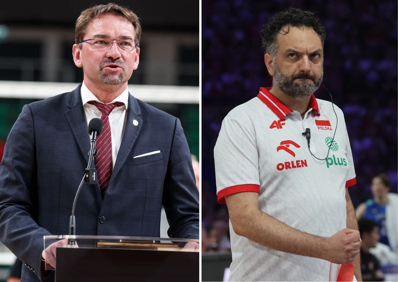 Sebastian Świderski (L) i Stefano Lavarini (P) Po lewej stronie mężczyzna w garniturze wygłasza przemówienie przy mównicy, po prawej trener ubrany w biało-czerwony strój sportowy z logo sponsorów, stojący na tle hali sportowej.