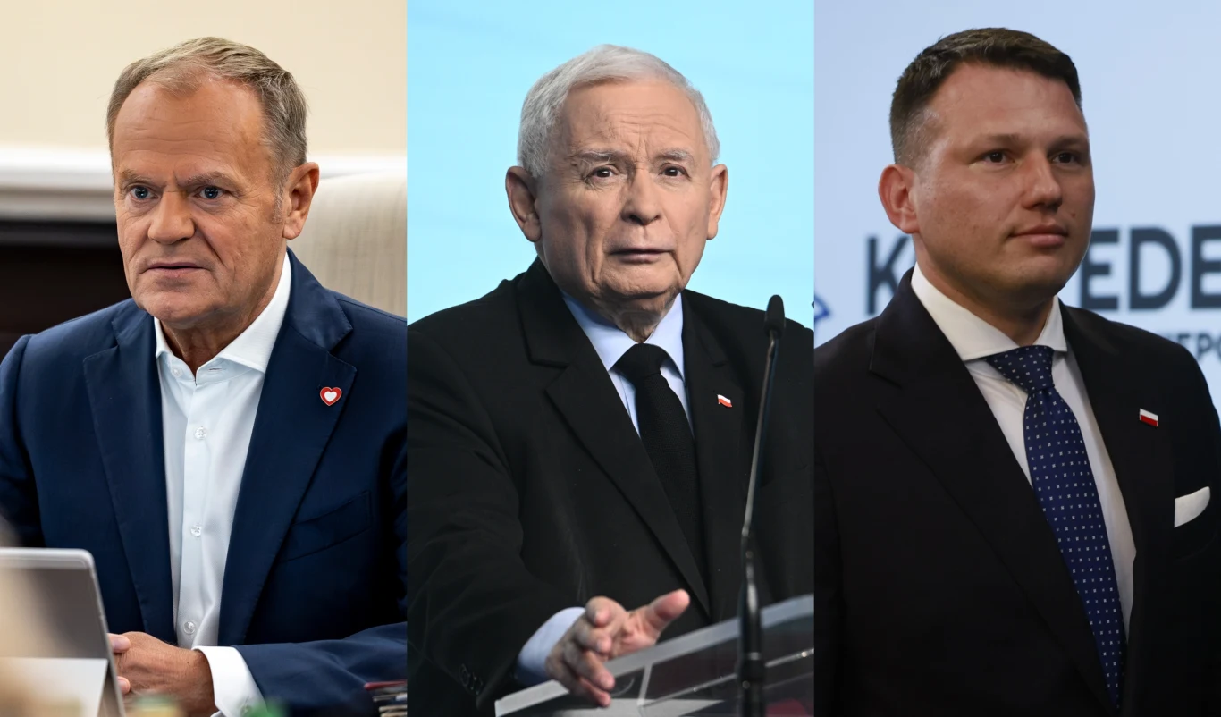 Sondaż partyjny: Pięć partii w Sejmie Trzech mężczyzn w garniturach, każdy w innym otoczeniu, ustawionych w widocznym montażu obok siebie, wszyscy mają na marynarkach przypinki z polską flagą.