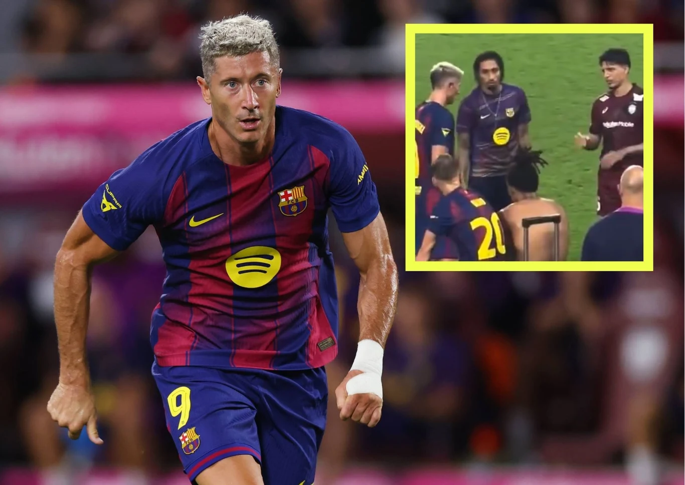 Robert Lewandowski po meczu z Vissel Kobe został zaczepiony przez rywala Piłkarz w barwach FC Barcelony z numerem 9 biegnie po murawie podczas meczu, w tle widoczny fragment trybun. W prawym górnym rogu umieszczone jest powiększenie ukazujące grupę zawodników i trenerów dyskutujących podczas przerwy.