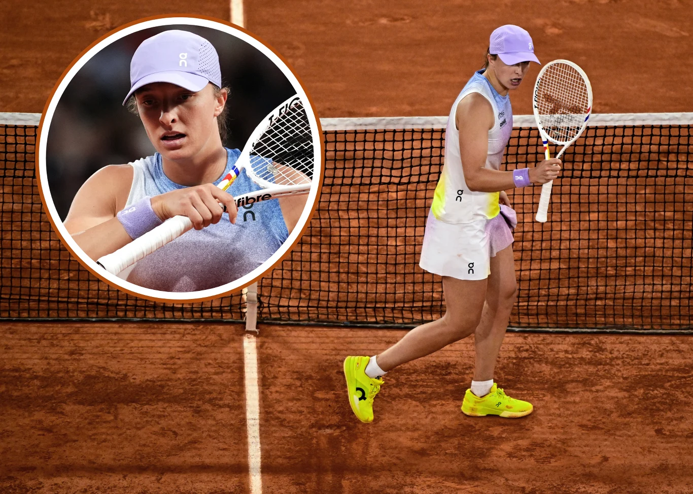 Tenisistka ubrana w sportowy strój na korcie ziemnym, trzymająca rakietę przy siatce, w okręgu powiększenie skupiające się na jej twarzy i dłoniach podczas meczu.
