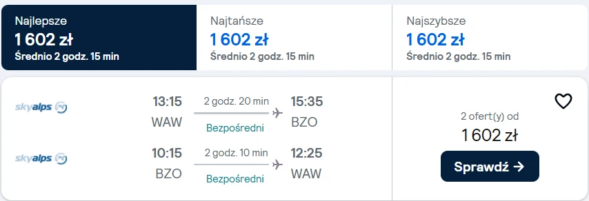 Cennik i godziny bezpośrednich lotów linii SkyAlps na trasie Warszawa-Bolzano z podanym czasem lotu, średnią ceną oraz przyciskiem do sprawdzenia dostępnych ofert.